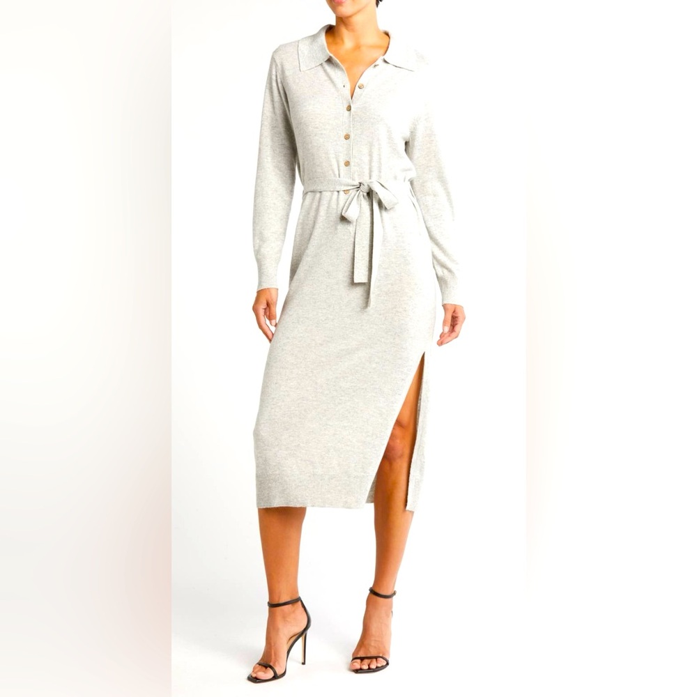 STITCHDROP  I  Heather Gray Tie-Waist Long Split Dress, Size Large (NWT)